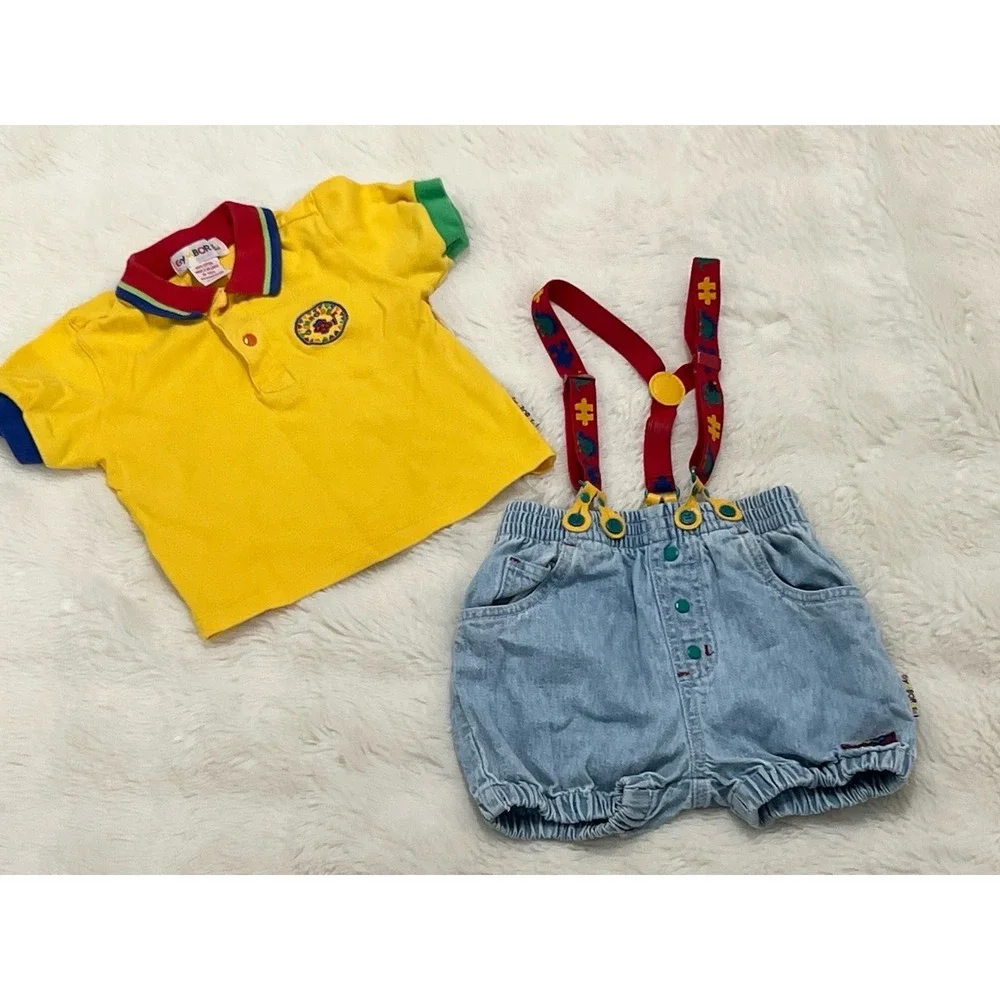 Gymboree Rainbow Tag Suspender Bubble shorts Overalls Color Block Set Fish